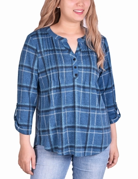 3/4 Sleeve Roll Tab Pintucked Front Pullover Top Soft Sweater Anti Static Treatment