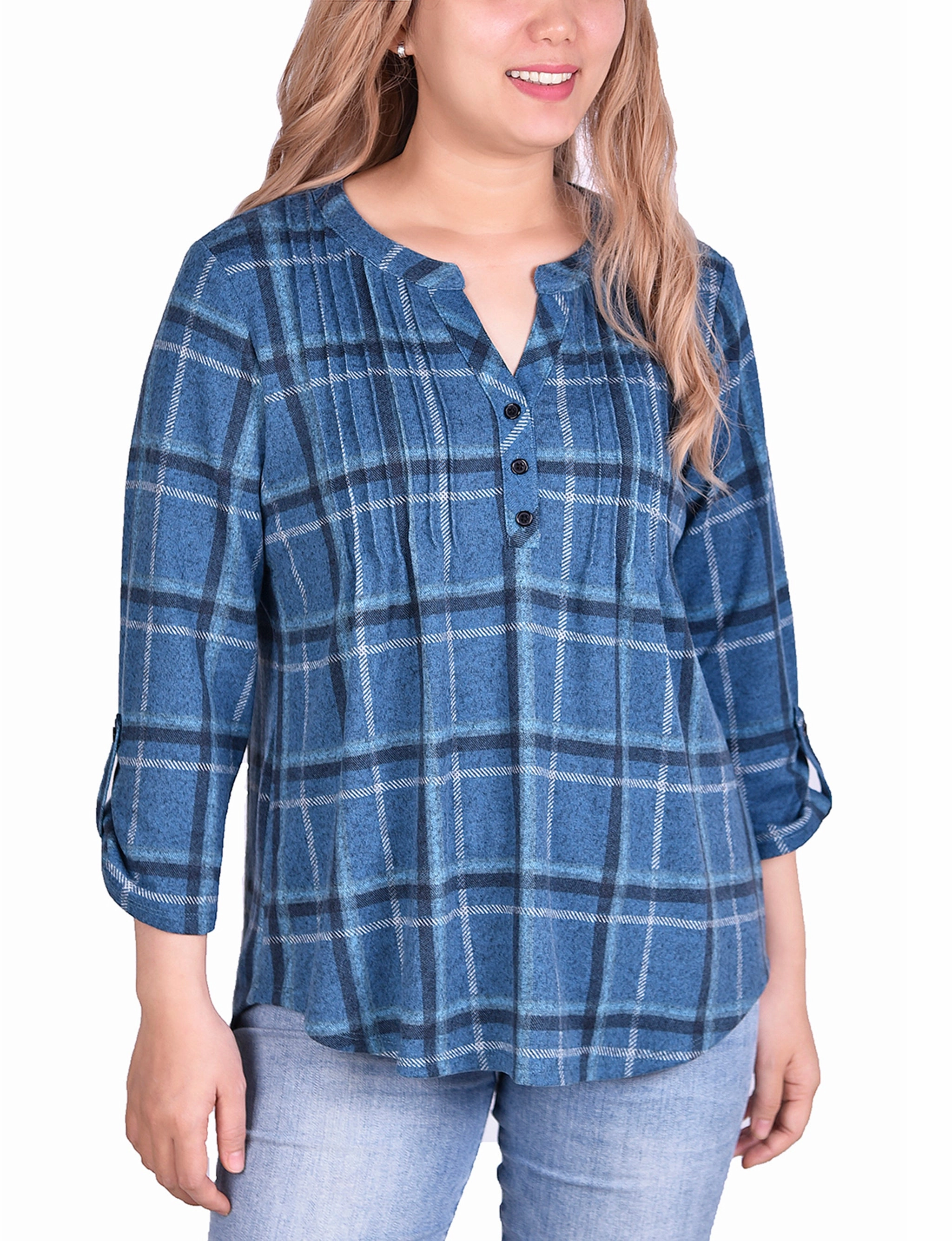 3/4 Sleeve Roll Tab Pintucked Front Pullover Top Soft Sweater Anti Static Treatment