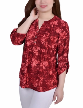3/4 Sleeve Roll Tab Y Neck Pullover Top Non Irritating Seams TemperatureRegulatingLining