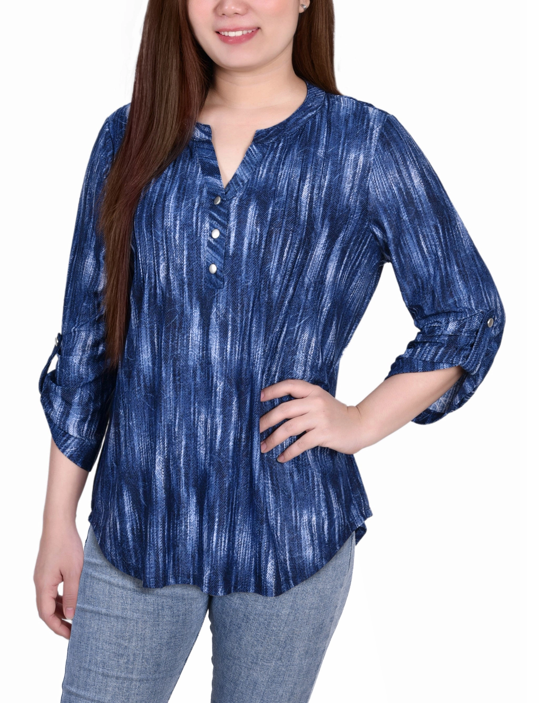 3/4 Sleeve Roll Tab Y Neck Pullover Top ButterSoftTexture FrictionReducing