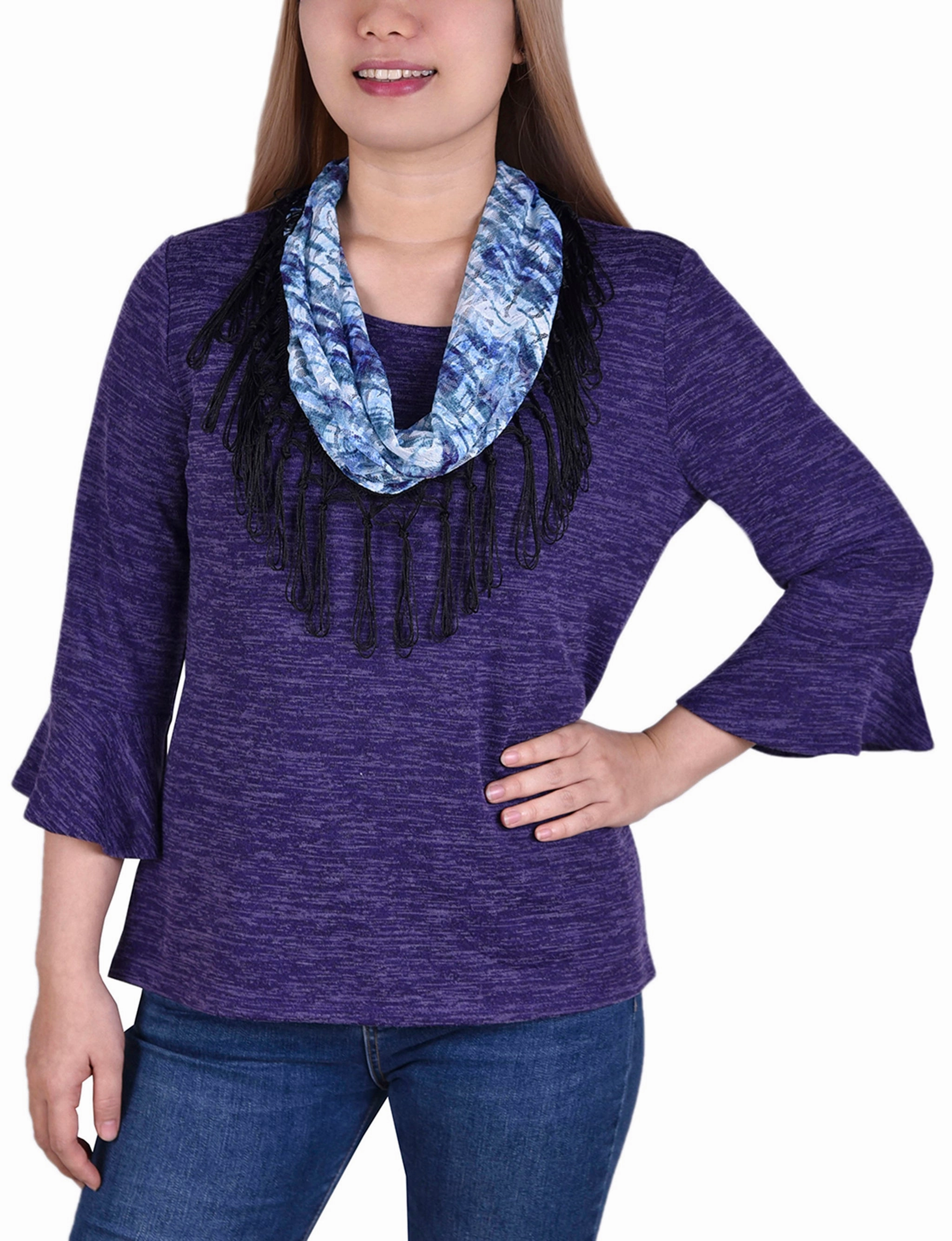 Office Look 3/4 Sleeve Top With Detachable Fringed Scarf