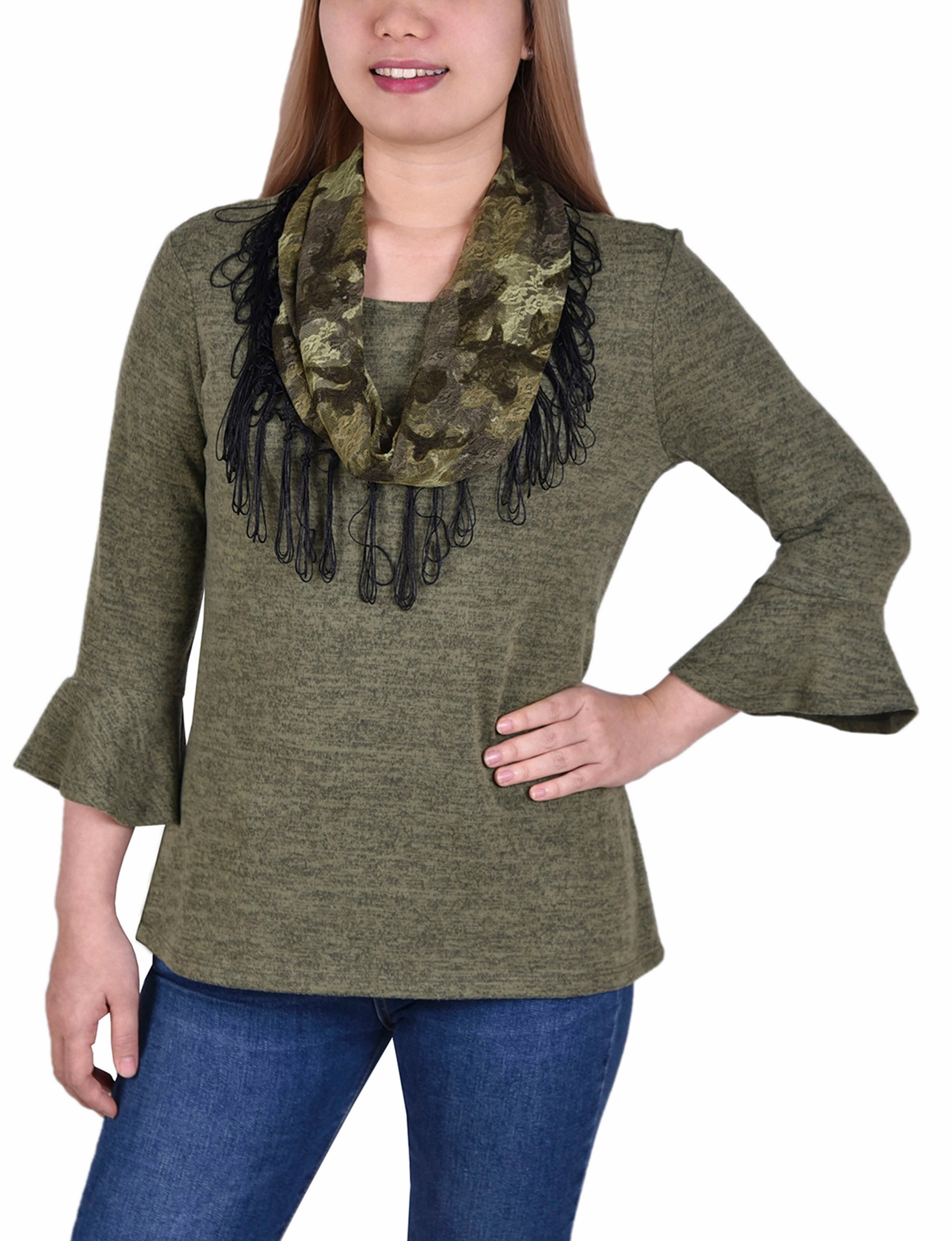 AntiStatic Weave 3/4 Sleeve Top With Detachable Fringed Scarf