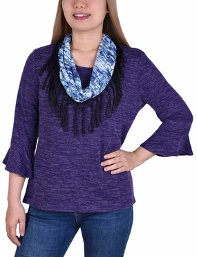 Office Look 3/4 Sleeve Top With Detachable Fringed Scarf