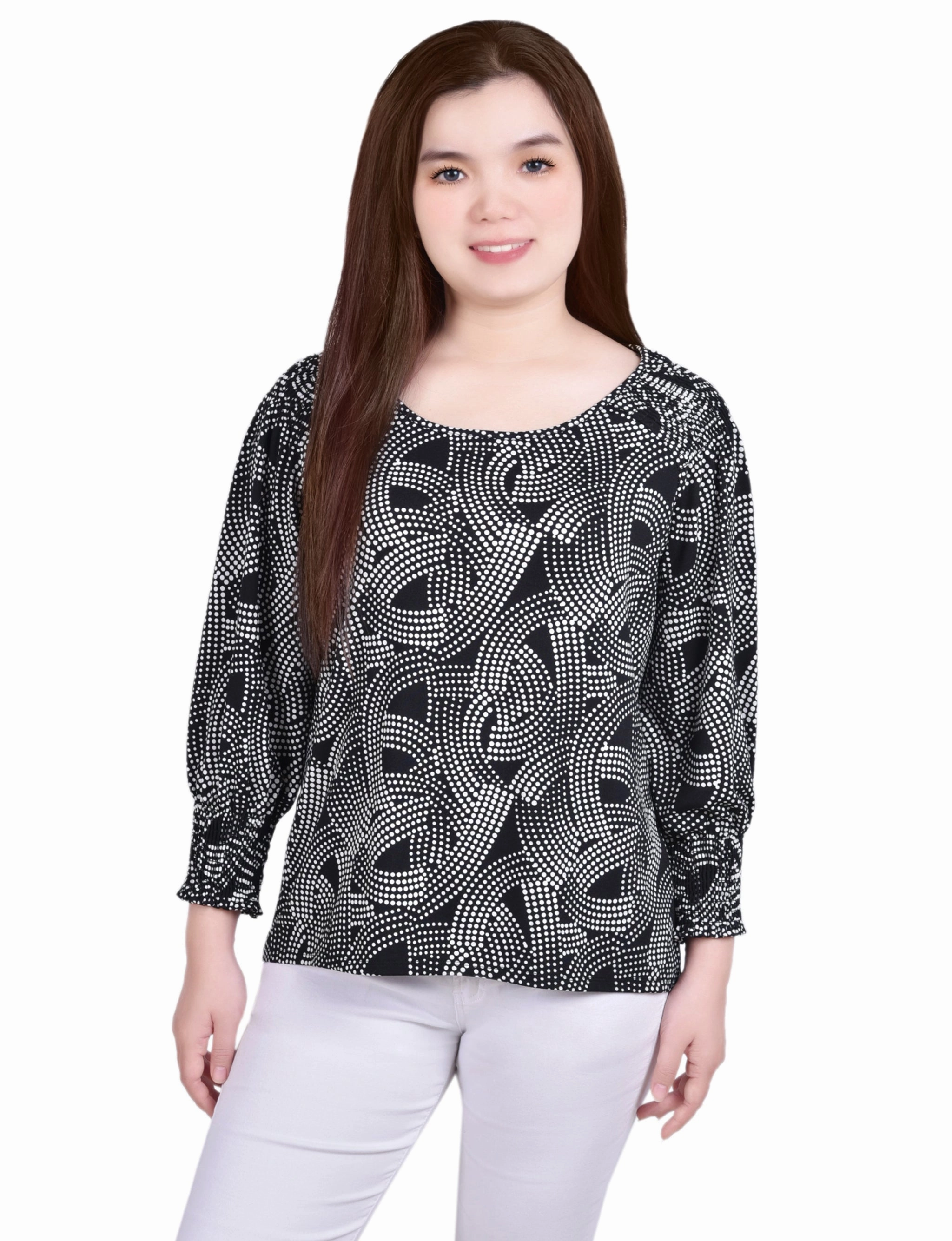 YarnDyeStripe Antibacterial 3/4 Smocked Detail Top
