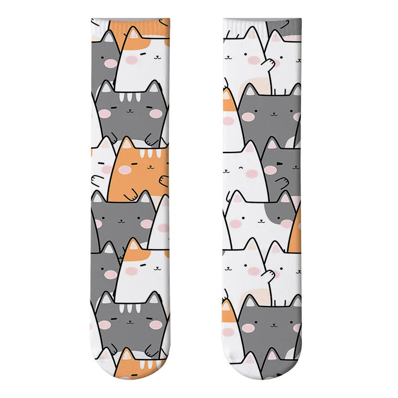 3D cute cat print socks cute stockings cartoon pattern trend double-sided print socks
