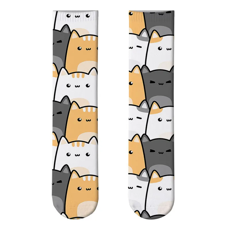 3D cute cat print socks cute stockings cartoon pattern trend double-sided print socks