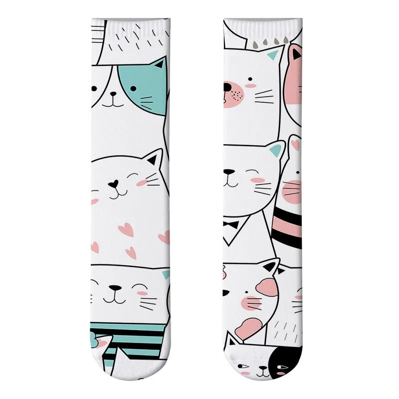 3D cute cat print socks cute stockings cartoon pattern trend double-sided print socks