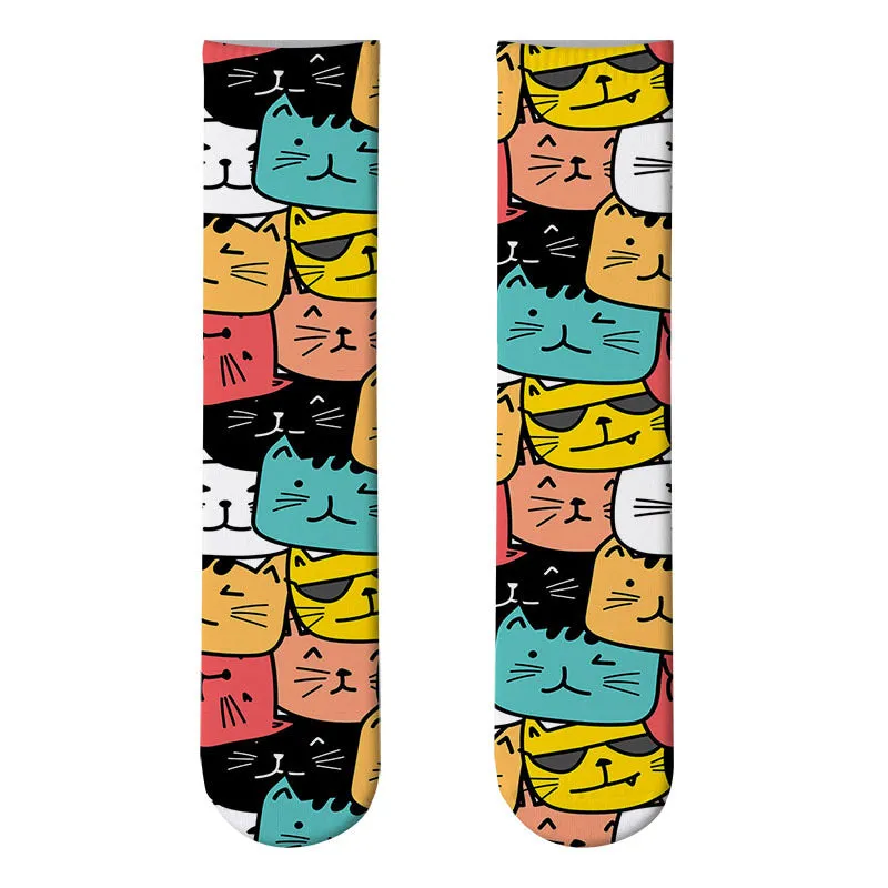 3D cute cat print socks cute stockings cartoon pattern trend double-sided print socks