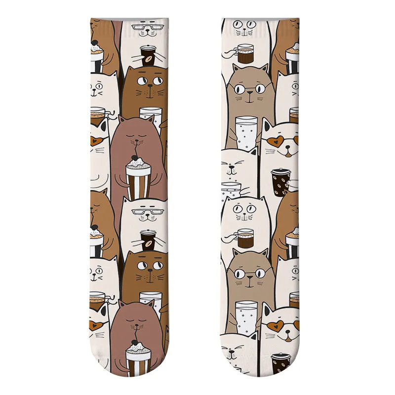 3D cute cat print socks cute stockings cartoon pattern trend double-sided print socks