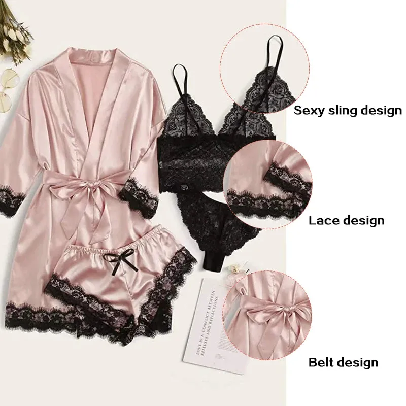 4 Pieces Women Pajamas Set with Robe Lace Sleepwear