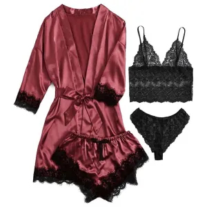 4 Pieces Women Pajamas Set with Robe Lace Sleepwear
