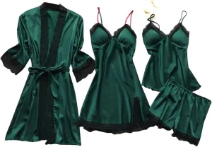 4Pcs Lingerie for Women Sexy Silk Floral Lace Nightie Four-piece set Nightdress Comfort Speghetti Strap Nightgowns Army Green