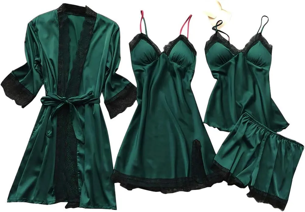 4Pcs Lingerie for Women Sexy Silk Floral Lace Nightie Four-piece set Nightdress Comfort Speghetti Strap Nightgowns Army Green