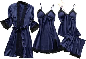4Pcs Lingerie for Women Sexy Silk Floral Lace Nightie Four-piece set Nightdress Comfort Speghetti Strap Nightgowns Navy