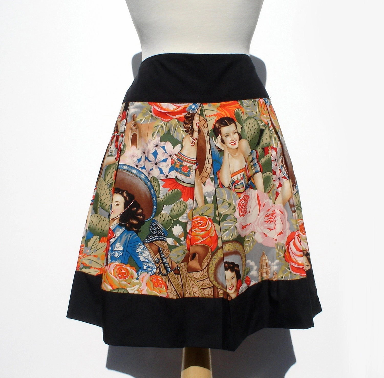 Tea length Chic Tones "Riding Shotgun" Mexican Senoritas Skirt #S-RS721