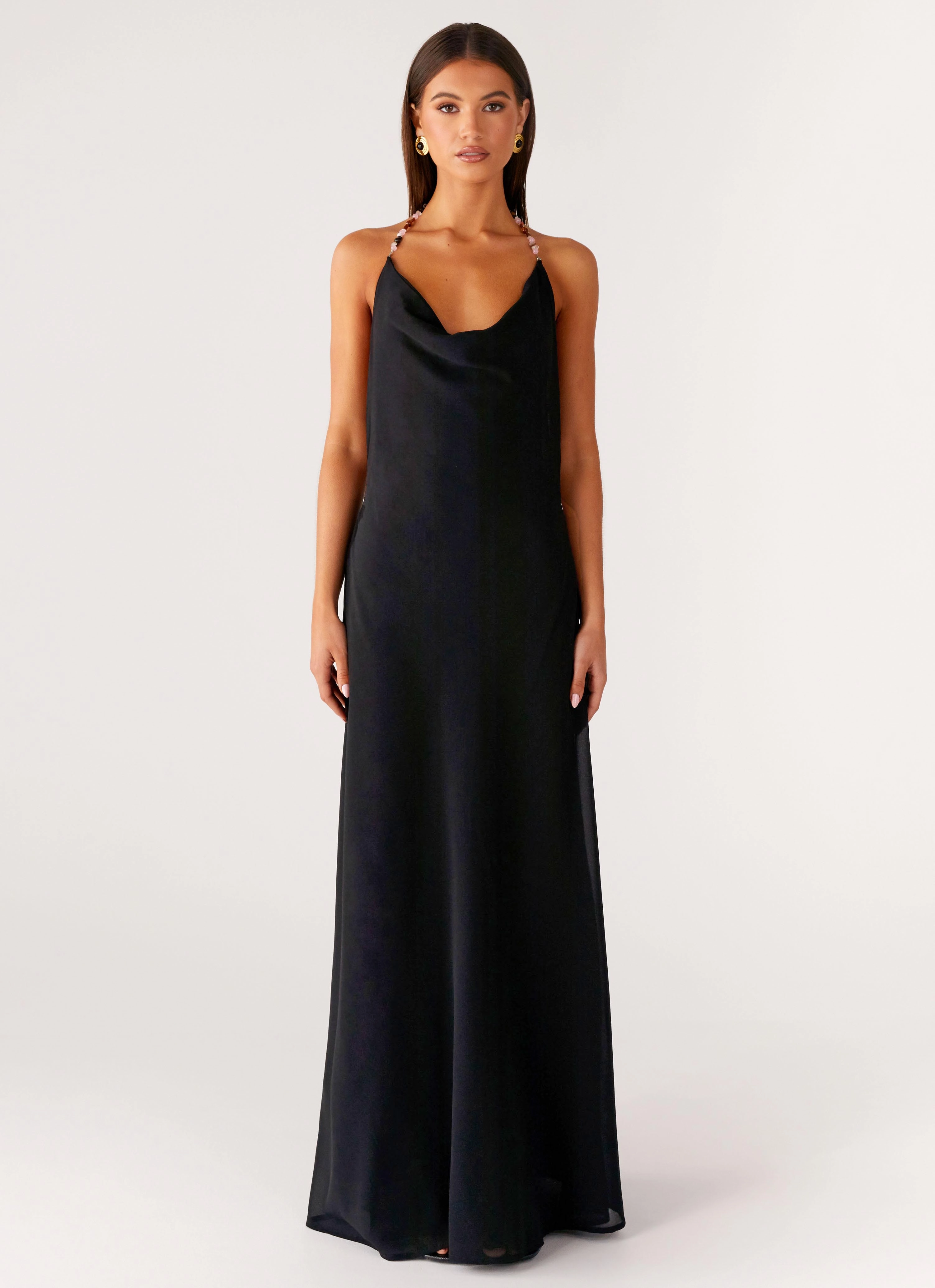 Seasonal Style Floor-Length Morning Crush Cowl Maxi Dress - Black