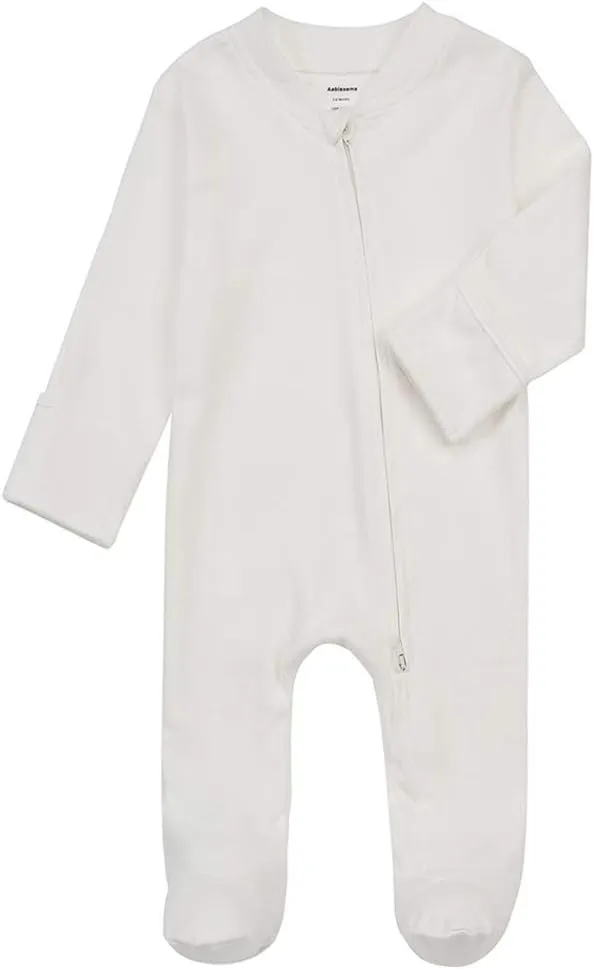 Aablexema Baby Footed Pajamas with Mitten Cuffs - Unisex Newborn Infant 2 Ways Zipper Cotton Footie Pjs
