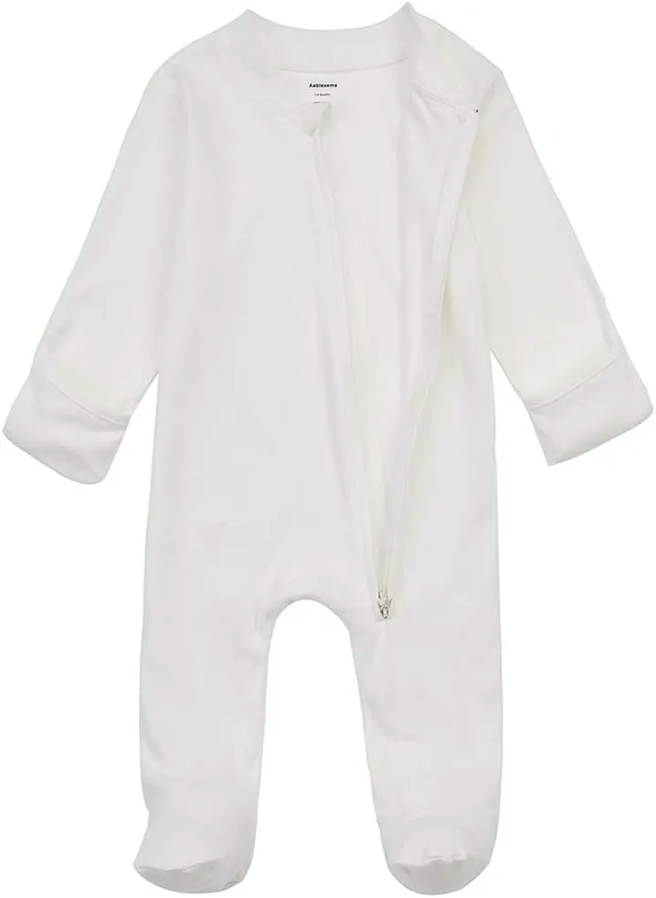 Aablexema Baby Footed Pajamas with Mitten Cuffs - Unisex Newborn Infant 2 Ways Zipper Cotton Footie Pjs