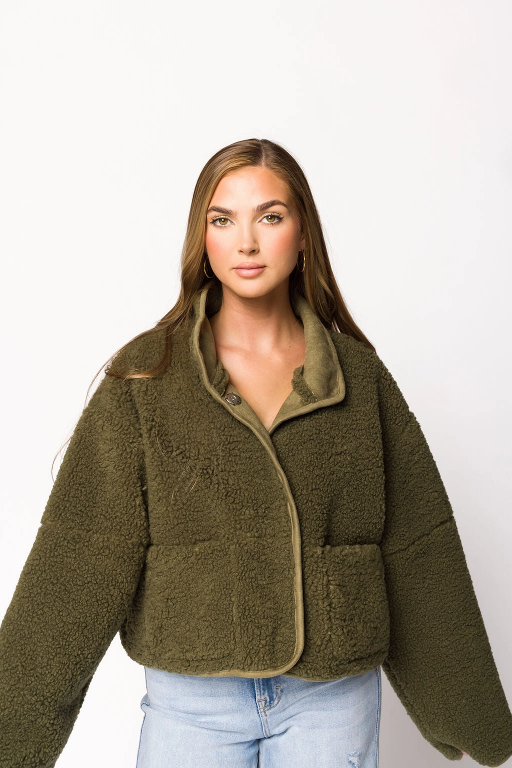 Abby Sherpa and Suede Reversible Jacket in Olive Fade Resistant Coating Tagless Comfort Collar