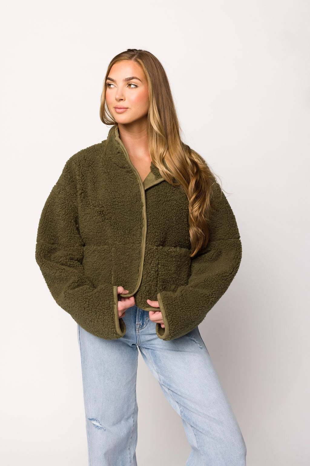 Abby Sherpa and Suede Reversible Jacket in Olive NonRestrictive Fit