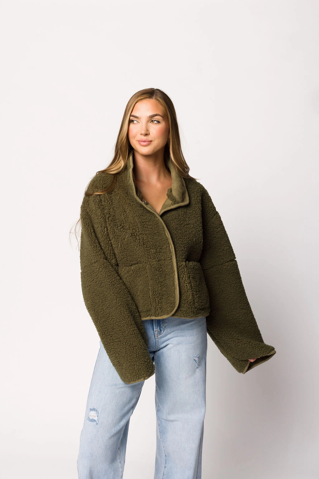 Abby Sherpa and Suede Reversible Jacket in Olive NonRestrictive Cut TumbleDryFriendlyMaterial
