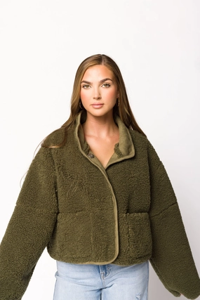 Abby Sherpa and Suede Reversible Jacket in Olive Fade Resistant Coating Tagless Comfort Collar