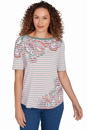 Stripe Right Paisley Elbow Sleeve Top Oversized Silhouette