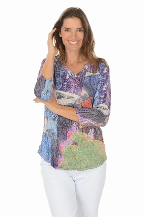 UPFProtection BondedShoulder Colorful Collage Crinkle V-Neck Top