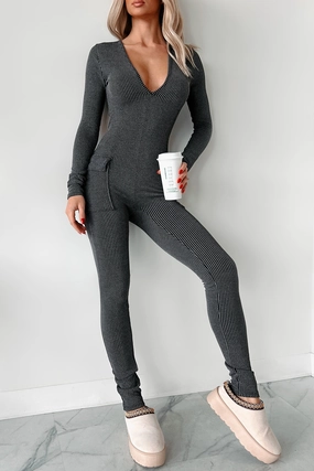 UltraFineMesh Beautiful Curves Ribbed Cut-Out Back Jumpsuit (Black)