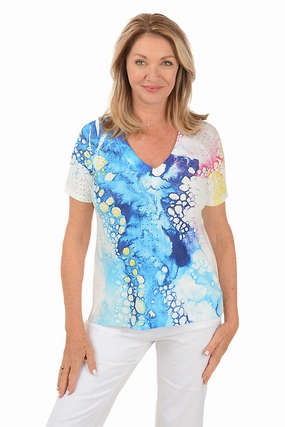 HiddenZipper Textured Fabric Finish Petite Bubble Flow Eyelet Short Sleeve Top