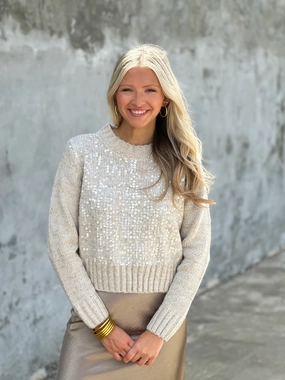 Quick Access Zipper Glacier Gray Sequined Long Sleeve Sweater