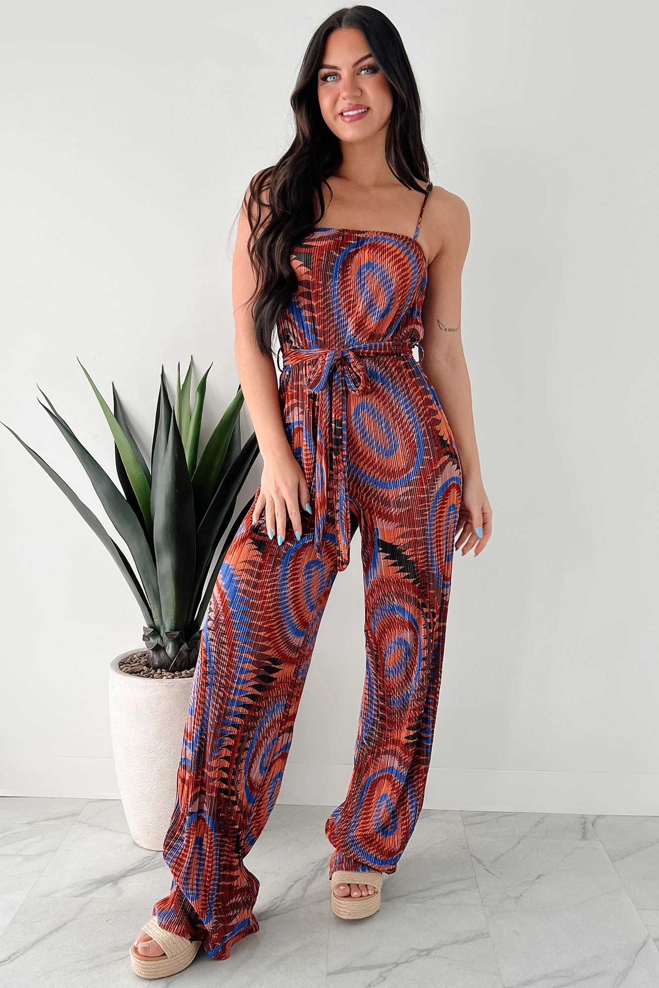 Turn Up The Volume Pleated Wide Leg Jumpsuit (Brick/Royal Blue) Stretchable Blend