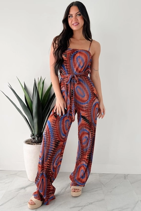 Turn Up The Volume Pleated Wide Leg Jumpsuit (Brick/Royal Blue) Stretchable Blend
