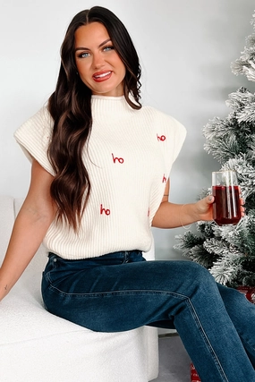 Santa-Plause "Ho Ho Ho" Padded Shoulder Sweater Top (Cream) MultiLayer Stitching