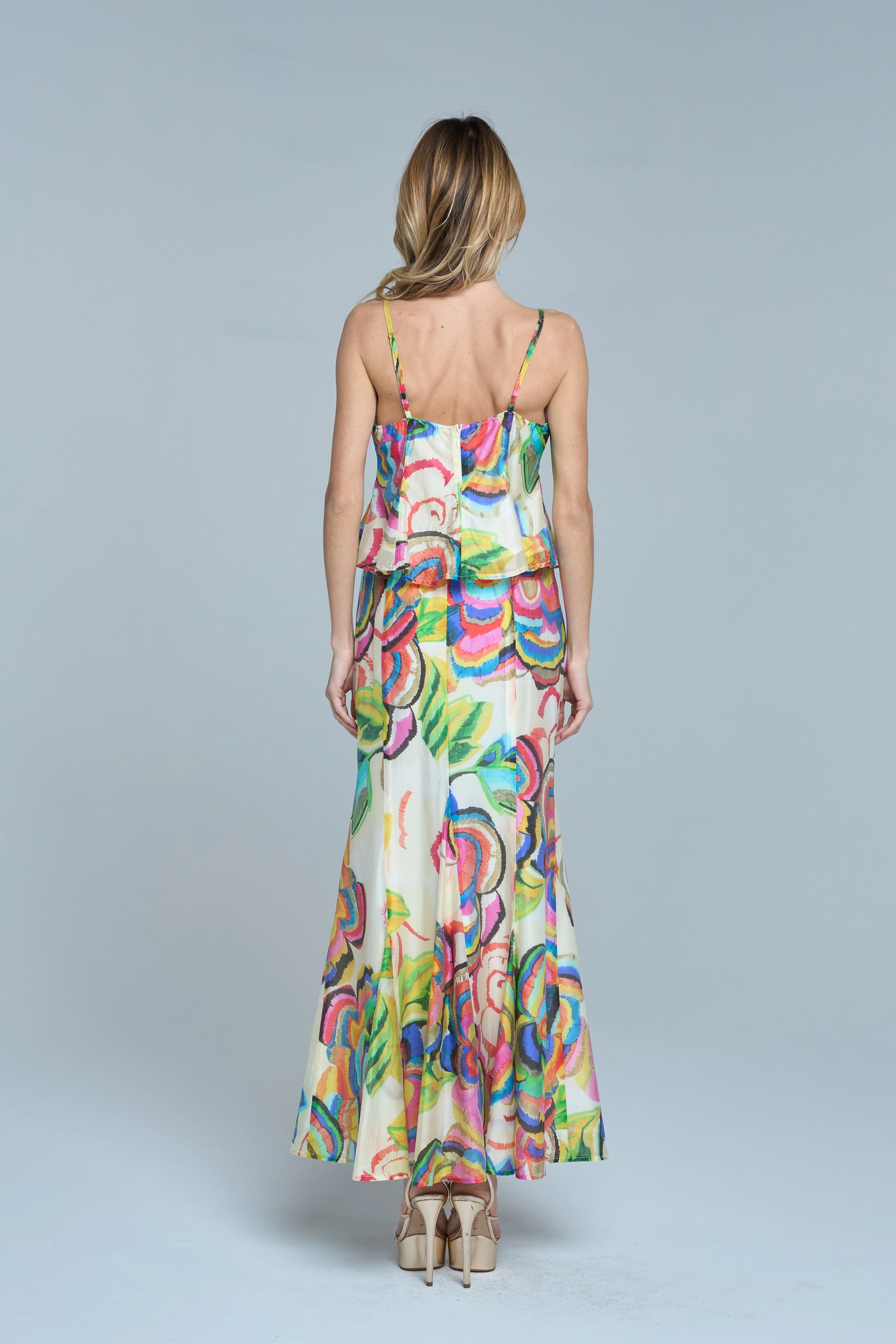 Smart Design Adjustable Closure Abstract Floral Flare Skirt in Cream Multi