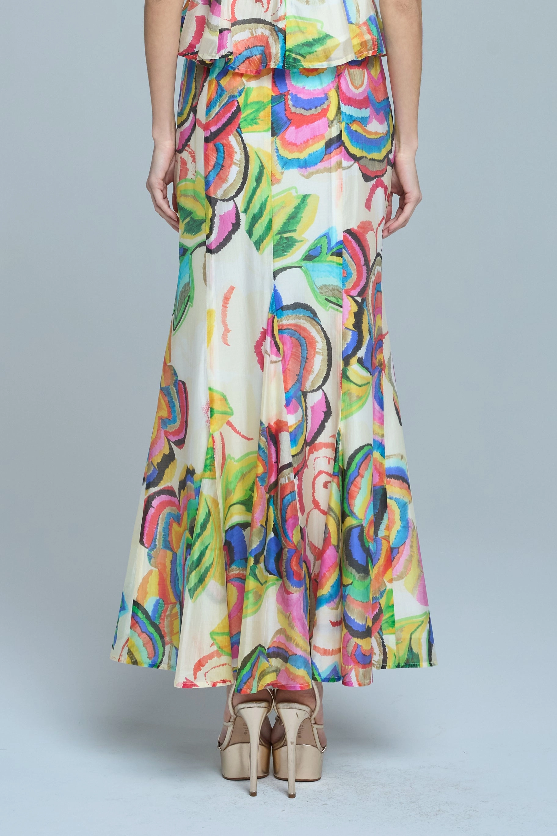 Abstract Floral Flare Skirt in Cream Multi Seamless construction Wrap Closure