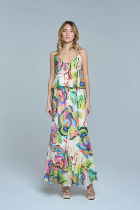 Abstract Floral Flare Skirt in Cream Multi Mood Dressing