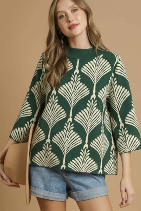 Multi Directional Zipper Placement Light Fabric Abstract Printed Pullover Sweater in Forest Green