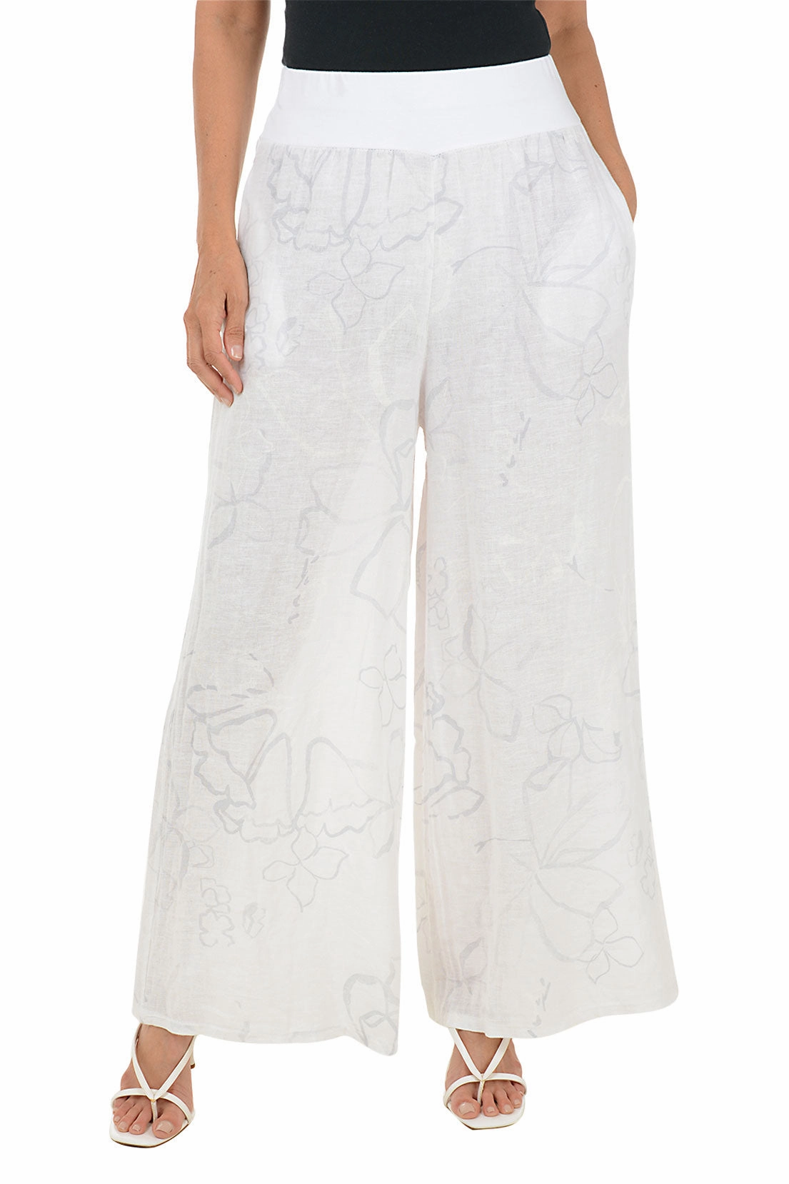 White Floral Linen Palazzo Pant Seasonal Wear Static free