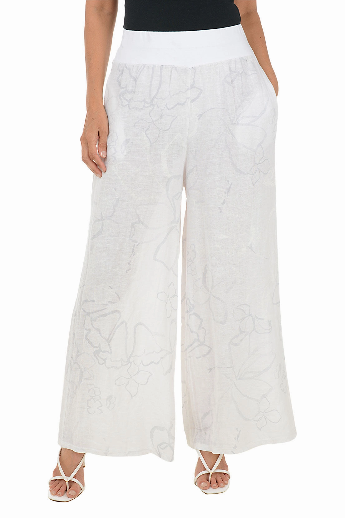 White Floral Linen Palazzo Pant Body Contour