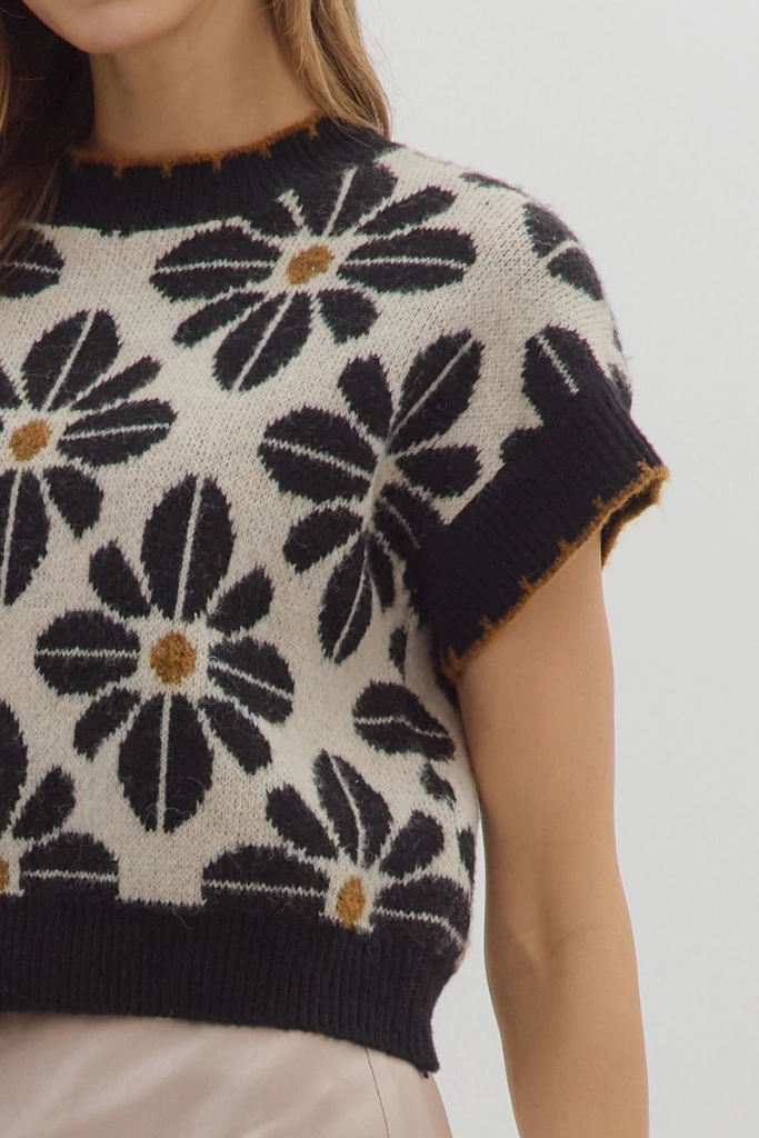 Celeste Floral Short Sleeve Sweater in Black CrossGrain Fabric