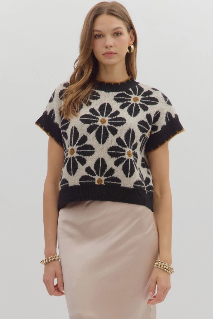 Celeste Floral Short Sleeve Sweater in Black DoubleStitchedHem