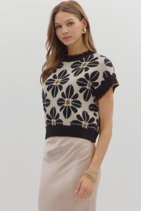 Durable Reinforced Elbow Patches Sport Top Celeste Floral Short Sleeve Sweater in Black