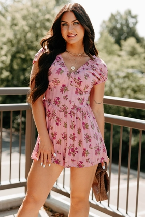 AbrasionResistantPanels LightweightComfort Bloom For You Short Sleeve Floral Romper (Pink)