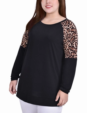 Plus Size Long Raglan Sleeve Top With Animal Print Insets Stain Repellent Coating Water Repellent Finish