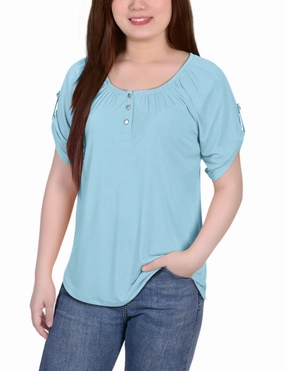Short Sleeve Round Neck Henley Top WrinkleFree Finish ReinforcedShoulders