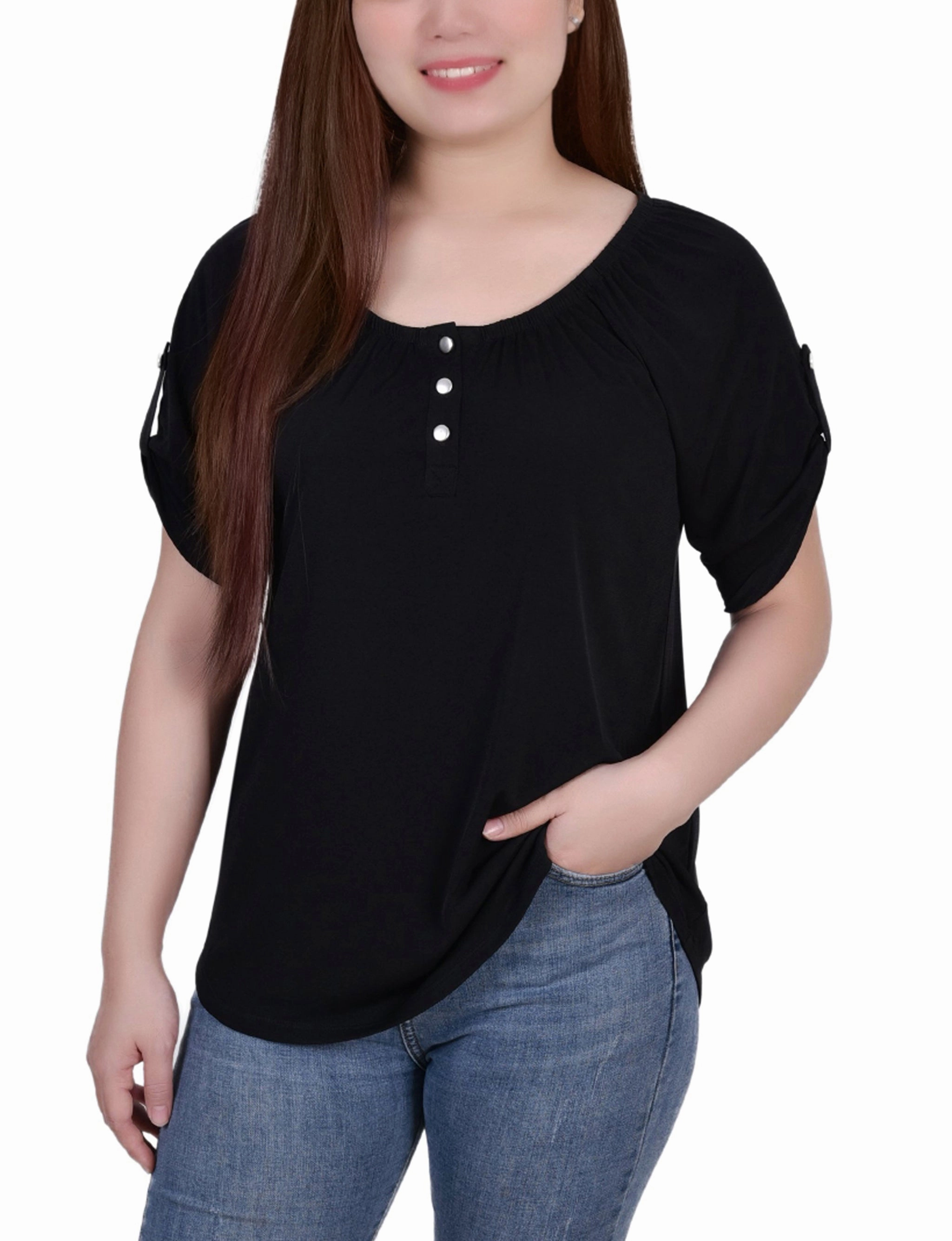 Durable Stitch Pattern Short Sleeve Round Neck Henley Top
