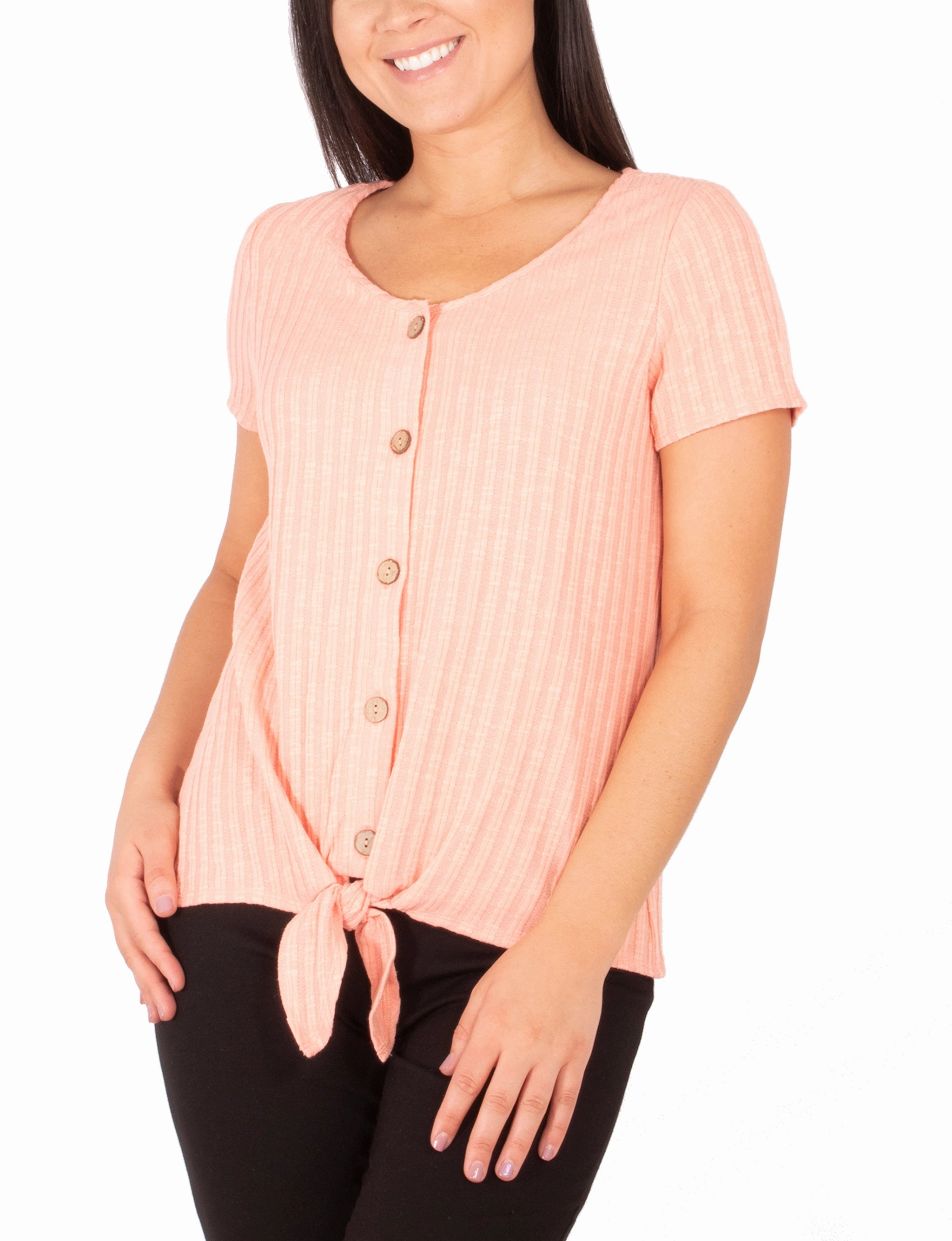 Short Sleeve Button Front Top With Tie At Hem Microfiber Material Grid Back Panel
