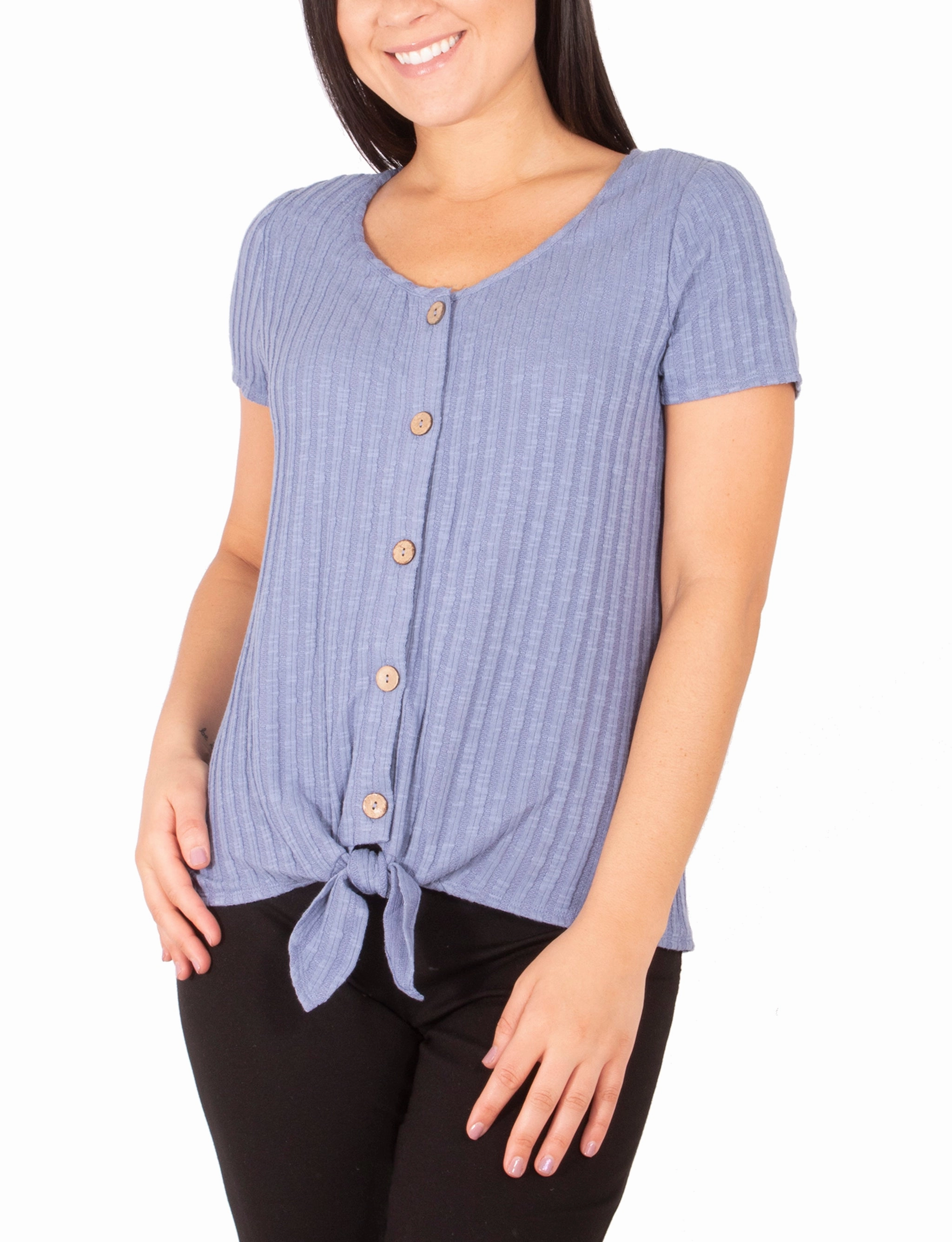 Short Sleeve Button Front Top With Tie At Hem Convertible Style Stretch Blouse