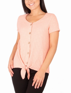 Short Sleeve Button Front Top With Tie At Hem Non Restrictive Mobility